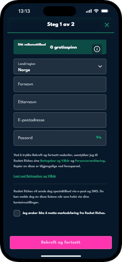Registrering på rocketrichs Casino